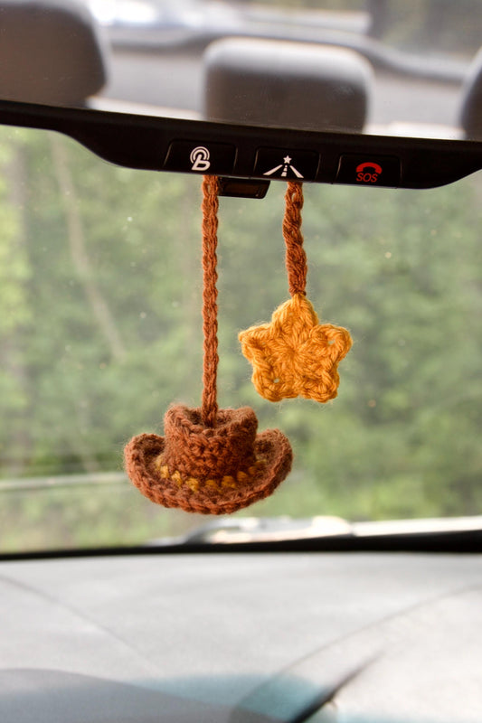 Crochet Cowboy Hat & Star “cowboy like me” Car Charm